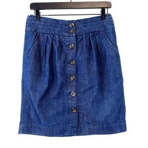 Pilcro Anthropologie (6) Button Front Mini Skirt w Pockets Blue Cotton Polyester